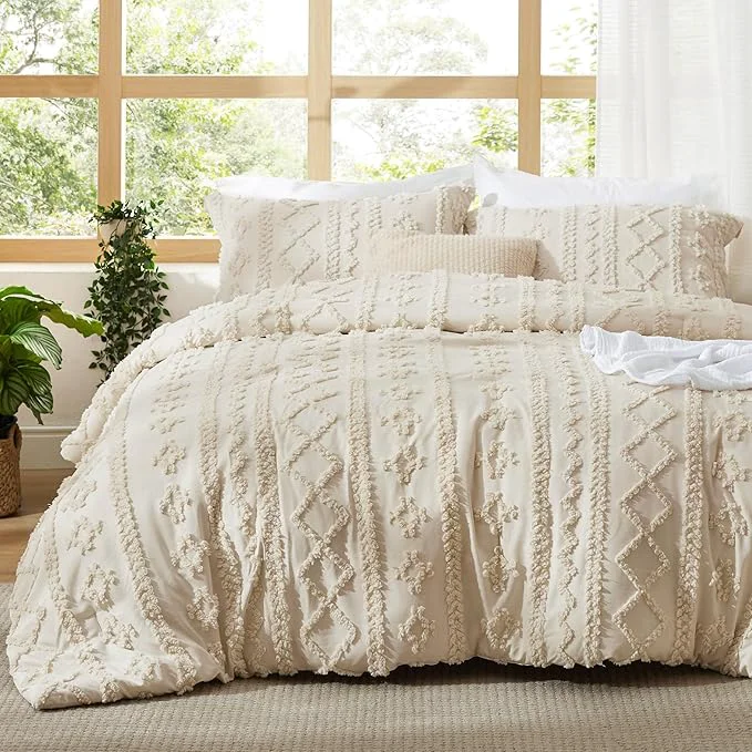 Optimized Bedsure Tufted Boho Comforter Set Oversized Queen – Beige Boho Bed Set GentleSoft™ 3 Pieces Farmhouse Shabby Chic Embroidery Bedding Gifts for Woman Soft Jacquard Comforter for All Seasons Crafted
