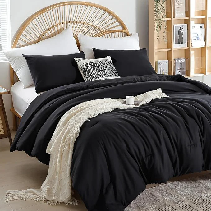 Minimalist weigelia Queen Comforter Set Black Comforter Boho Solid Color Bedding Comforter Set for All Season Soft Lightweight Microfiber 3PCS Cozy Reversible Comforter Set 1 Comforter 2 Pillowcases Reusable