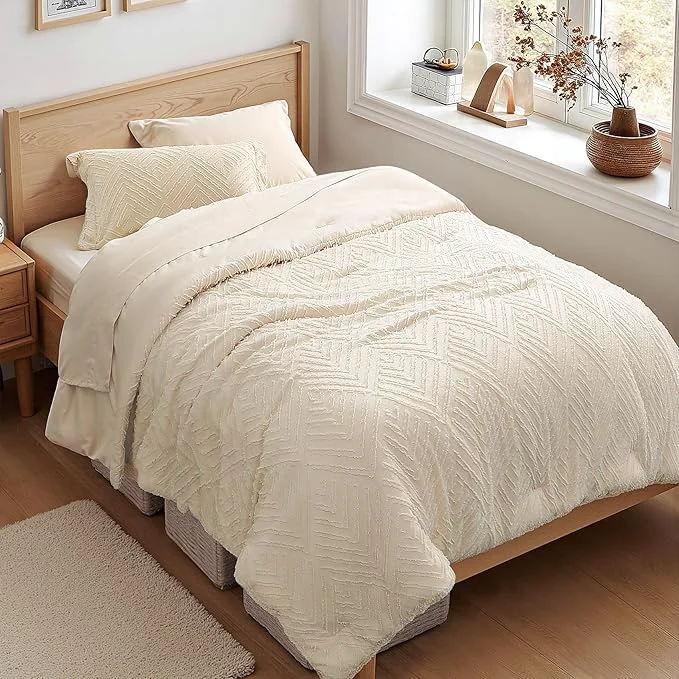 Breathable Zzlpp Twin Comforter Set 5 Pieces Cream Tufted Bed in a Bag with Comforter and Pillowcase All Season Boho Bedding Sets with 1 Comforter 1 Pillow Sham 1 Flat Sheet 1 Fitted Sheet Fine Crafted