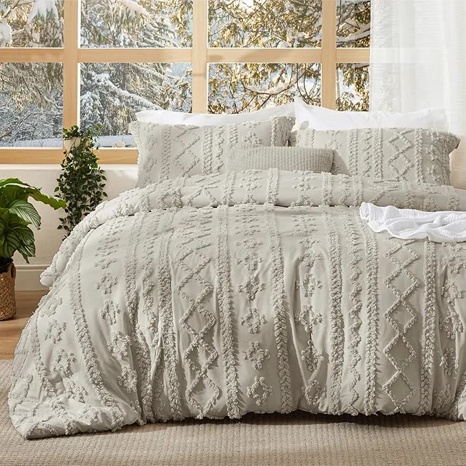 Verified Bedsure Tufted Boho Comforter Set Queen Size – Linen Boho Bed Set GentleSoft™ 3 Pieces Farmhouse Shabby Chic Embroidery Bedding Gifts for Woman Soft Jacquard Queen Comforter for All Seasons Flexible