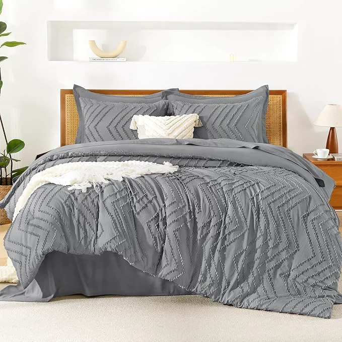 Natural Litanika Full Size Comforter Set with Sheets Medium Gray – 7 Pieces Bed in a Bag Full Chevron Tufted Complete Bedding Sets with Comforter Sheets Pillowcases amp Shams Next-Generation