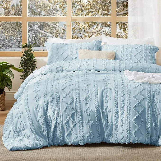 Lightweight Bedsure Tufted Boho Comforter Set King Size – Light Blue Boho Bed Set GentleSoft™ 3 Pieces Farmhouse Shabby Chic Embroidery Bedding Gifts for Woman Soft Jacquard King Comforter for All Seasons Eco-Friendly