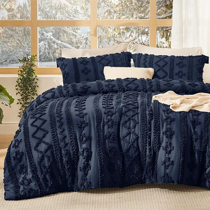 Eco-Friendly Bedsure Tufted Boho Comforter Set Queen Size – Navy Boho Bed Set GentleSoft™ 3 Pieces Farmhouse Shabby Chic Embroidery Bedding Gifts for Woman Soft Jacquard Queen Comforter for All Seasons Green