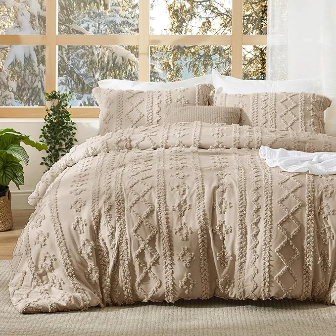High-Quality Bedsure Tufted Boho Comforter Set Twin Size – Khaki Boho Bed Set GentleSoft™ 2 Pieces Farmhouse Shabby Chic Embroidery Bedding Gifts for Woman Soft Jacquard Twin Comforter for All Seasons Specialty