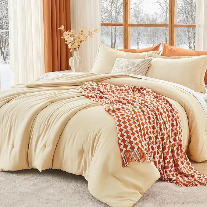 Elegant MUXHOMO King Size Comforter Set All Season Ultra Soft Down Bedding – 3 Piece Lightweight Bed Set Includes 1 Comforter 104 quot x90 quot and 2 Pillow Shams 20 quot x36 quot Light Yellow Casual
