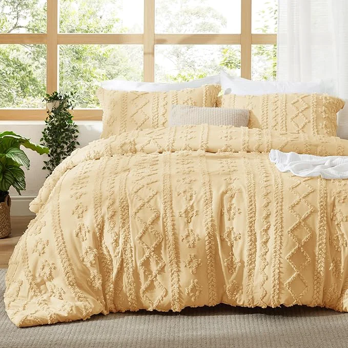 Lightweight Bedsure Tufted Boho Comforter Set King Size – Yellow Boho Bed Set GentleSoft™ 3 Pieces Farmhouse Shabby Chic Embroidery Bedding Gifts for Woman Soft Jacquard King Comforter for All Seasons Innovative