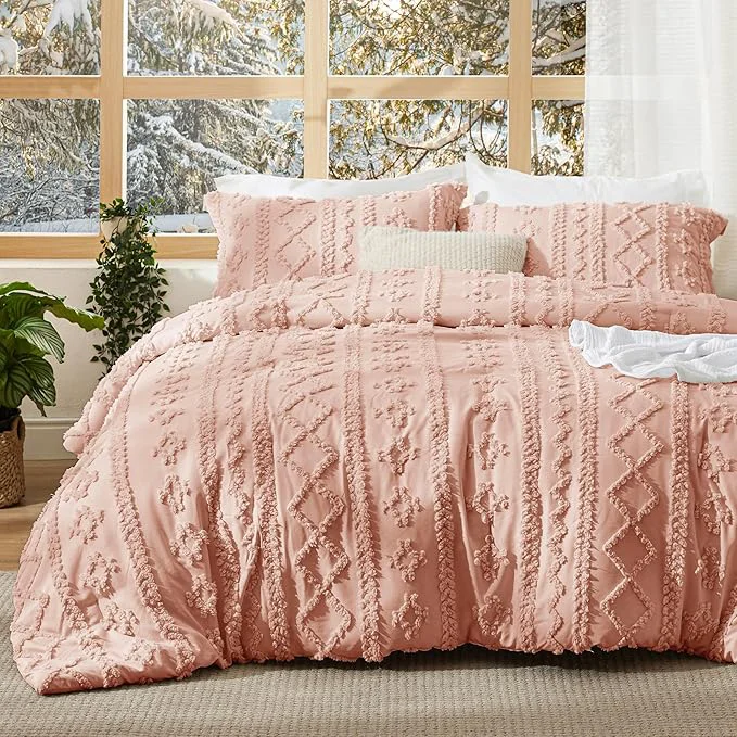 Reliable Bedsure Tufted Boho Comforter Set Queen Size – Light Pink Boho Bed Set GentleSoft™ 3 Pieces Farmhouse Shabby Chic Embroidery Bedding Gifts for Woman Soft Jacquard Queen Comforter for All Seasons Practical