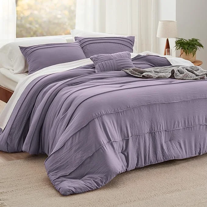 Crafted Bedsure Purple King Size Comforter Set – 4 Pieces Pinch Pleat Bed Set Down Bedding Sets for All Season 1 Comforter 2 Pillowcases 1 Decorative Pillow Top-Quality