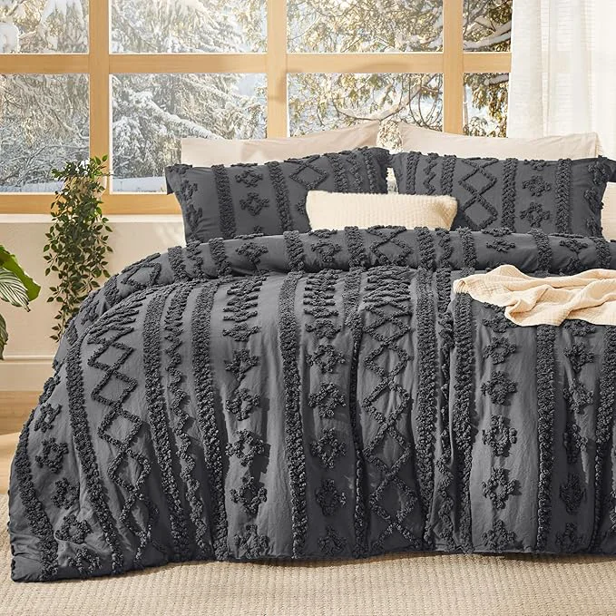 Natural Bedsure Tufted Boho Comforter Set Twin Size – Dark Grey Boho Bed Set GentleSoft™ 2 Pieces Farmhouse Shabby Chic Embroidery Bedding Gifts for Woman Soft Jacquard Twin Comforter for All Seasons Convenient