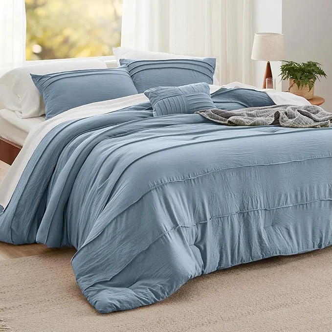 Trendy Bedsure King Comforter Set – 4 Pieces Pinch Pleat Bed Set Light Blue Boho Bedding for All Season 1 Soft Comforter 2 Pillowcases 1 Decorative Pillow Fast