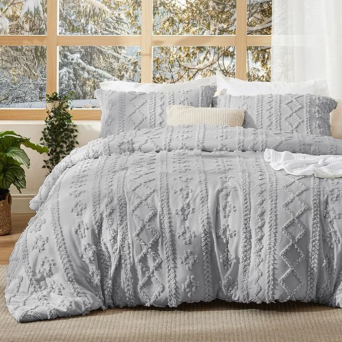 High-Grade Bedsure Tufted Boho Comforter Set Twin Size – Light Grey Boho Bed Set GentleSoft™ 2 Pieces Farmhouse Shabby Chic Embroidery Bedding Gifts for Woman Soft Jacquard Twin Comforter for All Seasons Original
