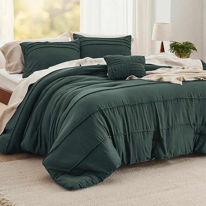 Verified Bedsure California King Comforter Set – 4 Pieces Pinch Pleat Bed Set Emerald Green Boho Bedding for All Season 1 Soft Comforter 2 Pillowcases 1 Decorative Pillow Organic