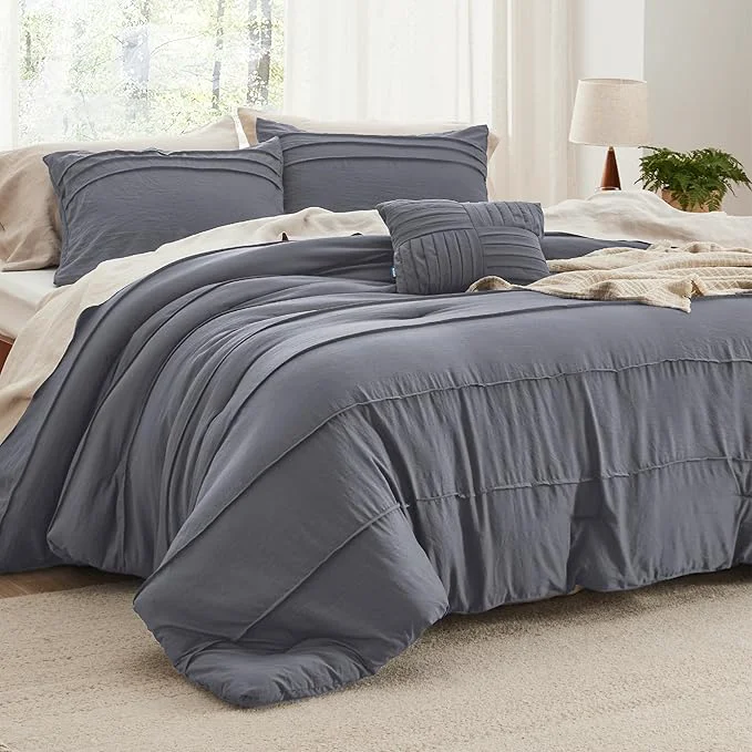 Sophisticated Bedsure King Comforter Set – 4 Pieces Pinch Pleat Bed Set Dark Grey Boho Bedding for All Season 1 Soft Comforter 2 Pillowcases 1 Decorative Pillow Exclusive