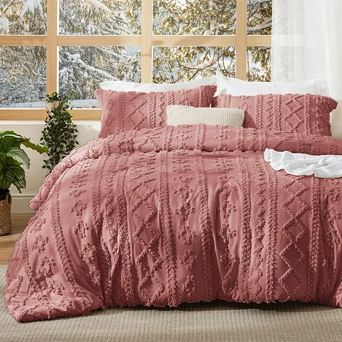 Optimized Bedsure Tufted Boho Comforter Set Queen Size – Grayish Pink Boho Bed Set GentleSoft™ 3 Pieces Farmhouse Shabby Chic Embroidery Bedding Gifts for Woman Soft Jacquard Queen Comforter for All Seasons Artisan