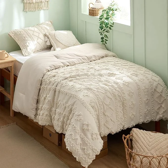 User-Friendly Bedsure Tufted Boho Comforter Set Twin Size – Beige Boho Bed Set GentleSoft™ 2 Pieces Farmhouse Shabby Chic Embroidery Bedding Gifts for Woman Soft Jacquard Twin Comforter for All Seasons Natural