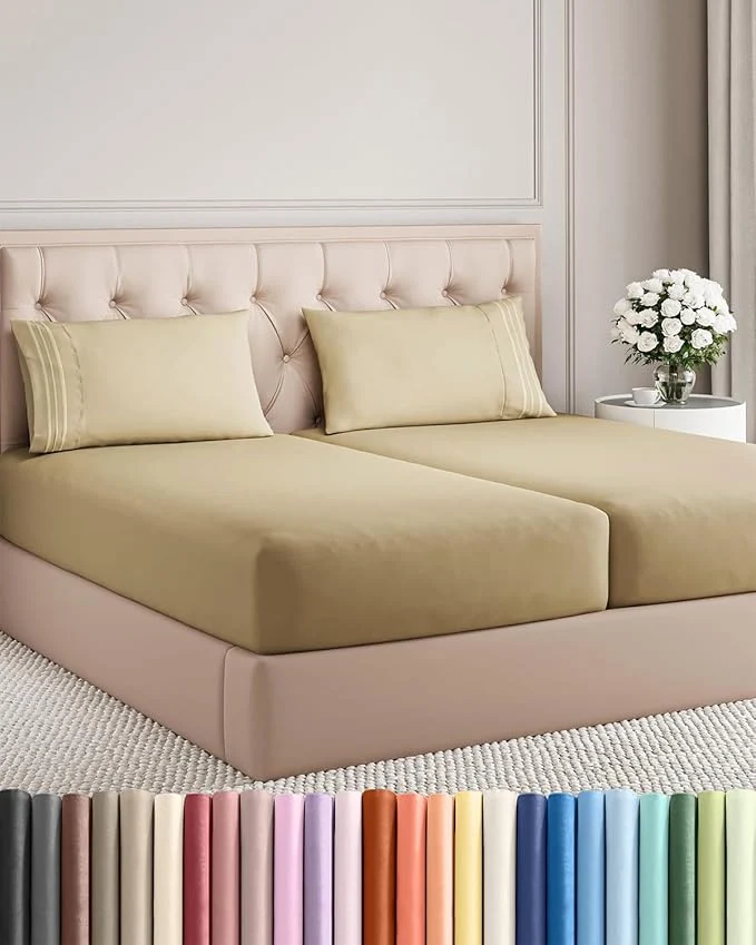 Traditional Split King Size 5 Piece Sheet Set – Comfy Breathable amp Cooling Bed Sheets Set – Hotel Luxury Bedding for Women Men Kids Teens Boys amp Girls – Deep Pockets Soft and Wrinkle – Oeko-Tex – Beige Crafted