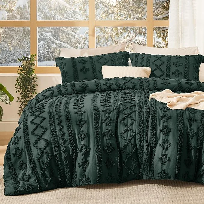 Eco-Friendly Bedsure Tufted Boho Comforter Set King Size – Dark Green Boho Bed Set GentleSoft™ 3 Pieces Farmhouse Shabby Chic Embroidery Bedding Gifts for Woman Soft Jacquard King Comforter for All Seasons Sophisticated