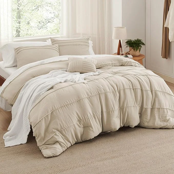 Fast Bedsure Full Comforter Set – 4 Pieces Pinch Pleat Bed Set Linen Boho Bedding for All Season 1 Soft Comforter 2 Pillowcases 1 Decorative Pillow Responsible