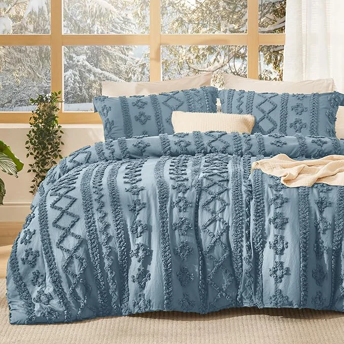 Bedsure Tufted Boho Comforter Set Twin Size – Grayish Blue Boho Bed Set GentleSoft™ 2 Pieces Farmhouse Shabby Chic Embroidery Bedding Gifts for Woman Soft Jacquard Twin Comforter for All Seasons High-Performance