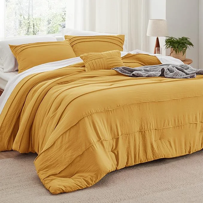 Trusted Bedsure California King Comforter Set – 4 Pieces Pinch Pleat Bed Set Mustard Yellow Boho Bedding for All Season 1 Soft Comforter 2 Pillowcases 1 Decorative Pillow