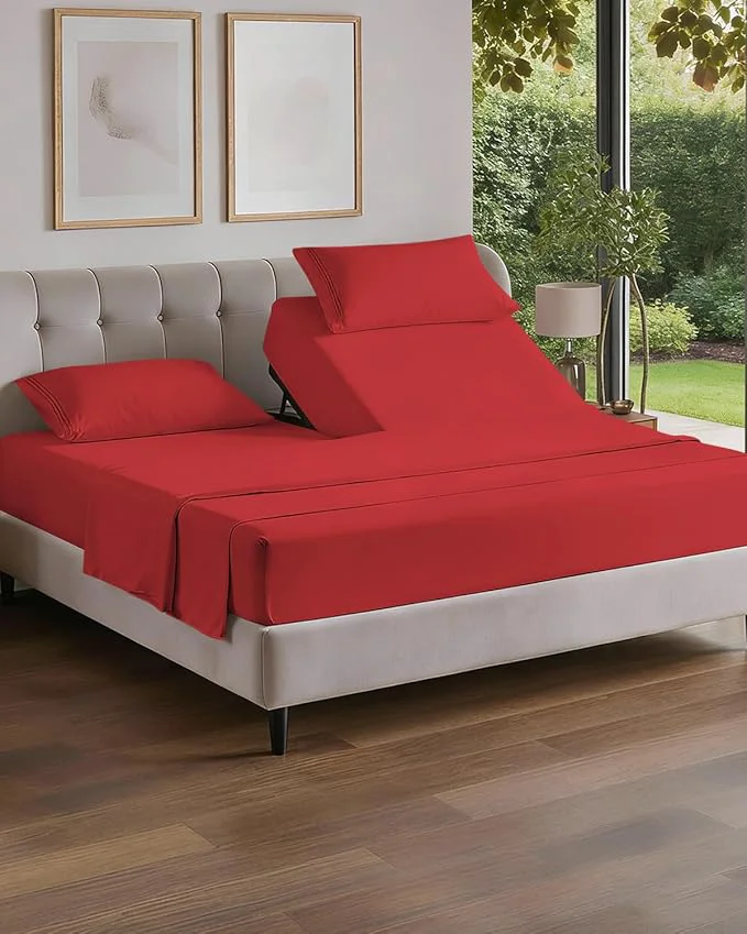 High-Quality Flex Top Split Head King 4 Piece Sheet Set – Comfy Breathable amp Cooling Bed Sheets Set – Hotel Luxury Bedding for Women Men Kids Teens Boys and Girls – Deep Pockets Ultra-Soft amp Oeko-Tex – Red Advanced