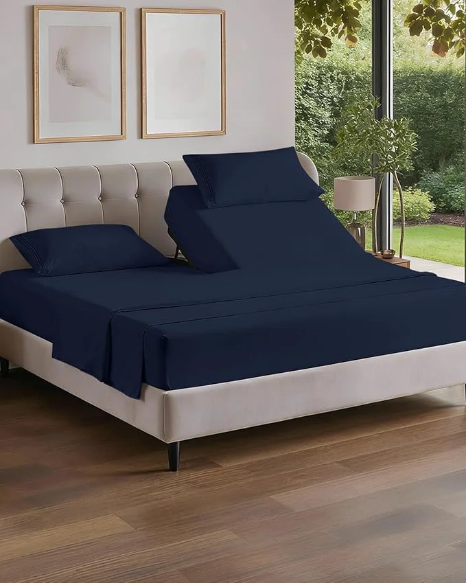 Exceptional Flex Top Split Head King 4 Piece Sheet Set – Comfy Breathable amp Cooling Bed Sheets Set – Hotel Luxury Bedding for Women Men Kids Teens Boys amp Girls – Deep Pockets Soft and Oeko-Tex – Navy Blue Long-Lasting