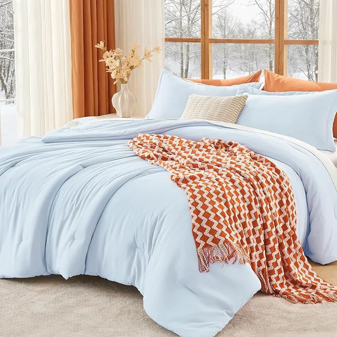 Trendy MUXHOMO Queen Comforter Set All Season Ultra Soft Down Bedding – 3 Piece Lightweight Bed Set Includes 1 Comforter 90 quot x90 quot and 2 Pillow Shams 20 quot x26 quot Light Blue Eco-Friendly