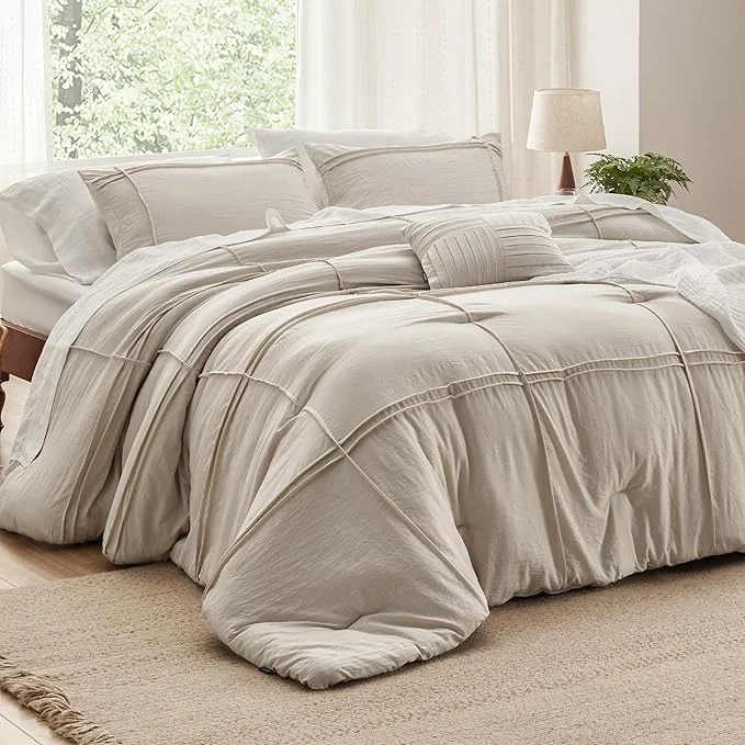 Safe Bedsure Twin Comforter Set – 3 Pieces Grid Pleat Bed Set Beige Boho Bedding for All Season 1 Soft Comforter 1 Pillowcase 1 Decorative Pillow Environmentally Friendly