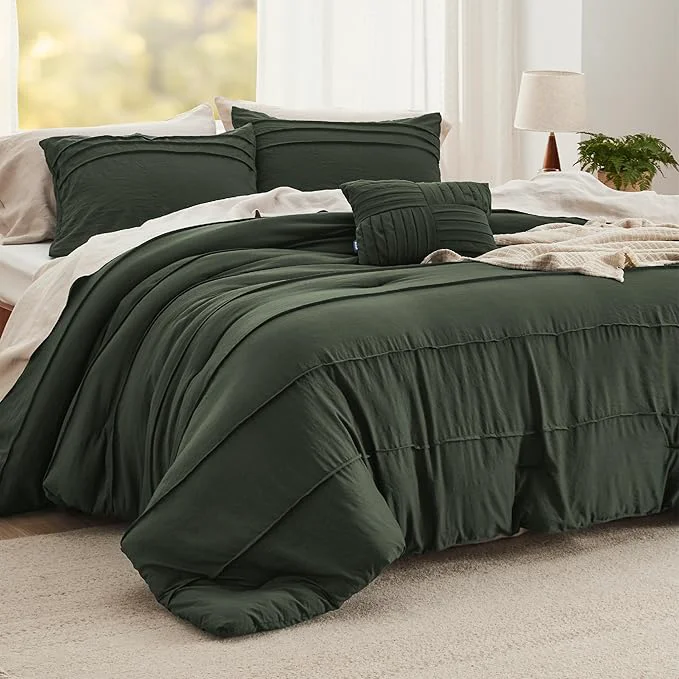 Superior Bedsure King Comforter Set – 4 Pieces Pinch Pleat Bed Set Olive Green Boho Bedding for All Season 1 Soft Comforter 2 Pillowcases 1 Decorative Pillow High-Performance