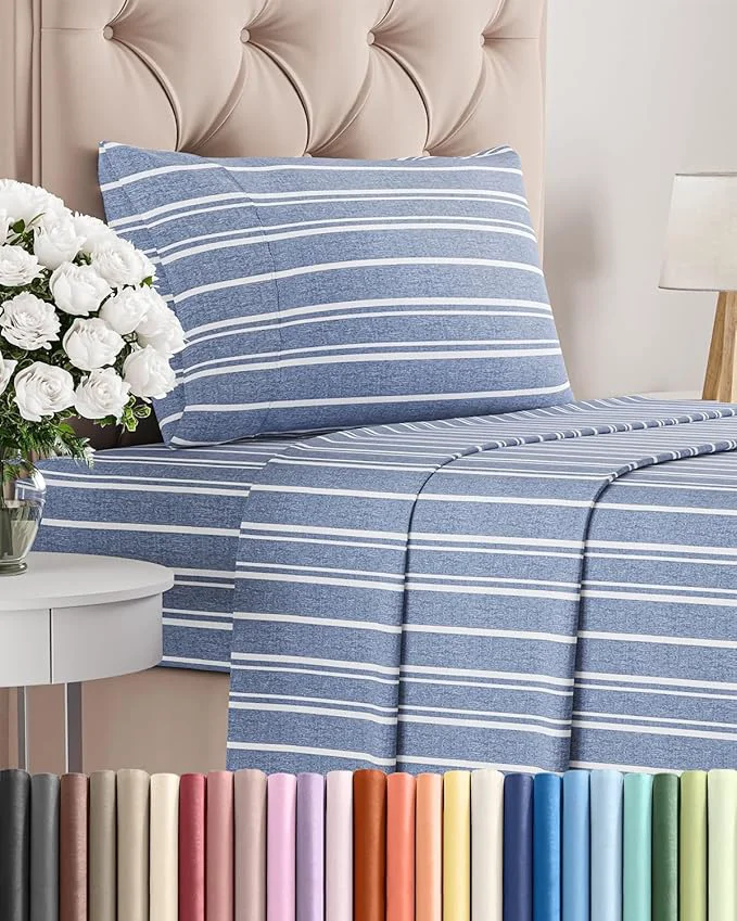 Practical Twin Size 3 Piece Sheet Set – Comfy Breathable amp Cooling Bed Sheets Set – Hotel Luxury Bedding for Women Men Kids Teens Boys amp Girls – Deep Pockets Soft Wrinkle – Oeko-Tex – Blue Stripes 3 Quality