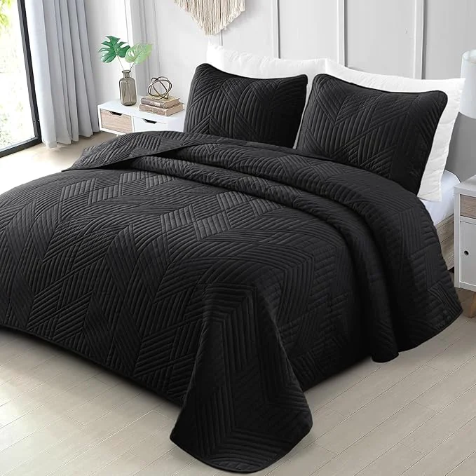 Elegant Exclusivo Mezcla Ultrasonic Full Queen Quilt Bedding Set Lightweight Black Bedspreads Soft Modern Geometric Coverlet Set for All Seasons 1 Quilt and 2 Pillow Shams Carefully Designed