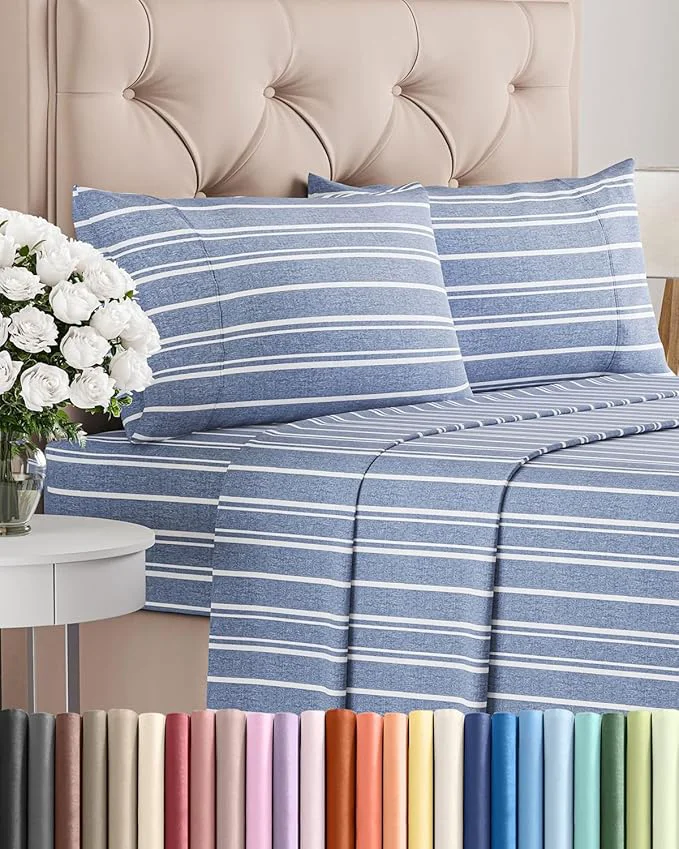Innovative Queen Size 4 Piece Sheet Set – Comfy Breathable amp Cooling Bed Sheets Set – Hotel Luxury Bedding for Women Men Kids Teens Boys amp Girls – Deep Pockets Soft Wrinkle – Oeko-Tex – Blue Stripes 3 Efficient