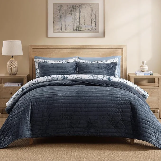 Environmentally Friendly WRENSONGE Velvet King Size Quilt Set-3 Pieces Blue Grey Luxurious Velvet Striped Channel Comforter with 2 Shams Soft Bedspread Coverlet Quilted Bedding Set for All Season Prestigious