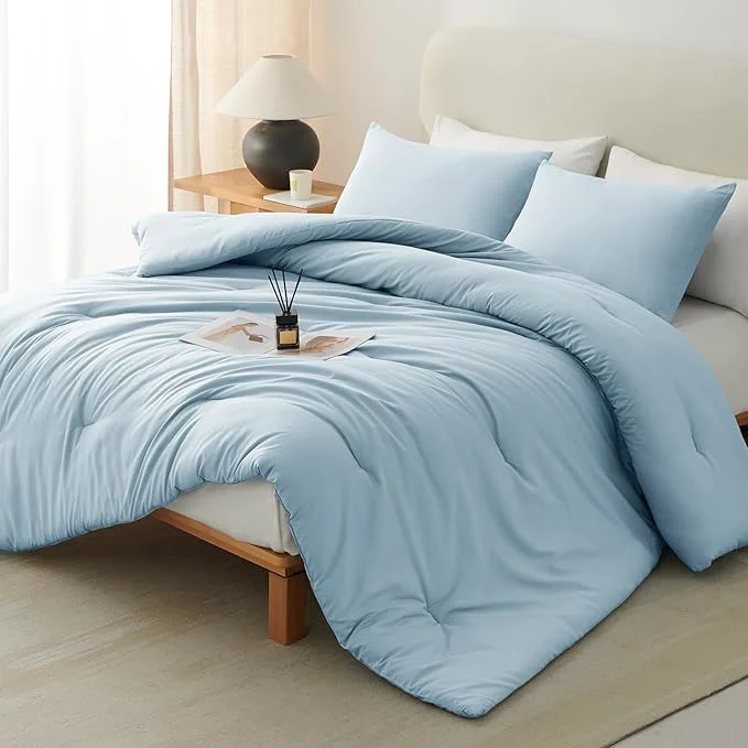 Trendy CozyLux Full Size Comforter Set Light Blue 3 Pieces Solid Breathable Quilted Bedding Sets Luxury Lightweight Soft Bed Set with Down Comforter and 2 Pillowcases for All Seasons Powerful