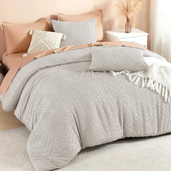 Top-Quality Litanika Linen Grey Queen Comforter Set 3 Pieces Tufted Boho Farmhouse Bedding Comforter Sets Lightweight Fluffy Comforter Bed Set for All Season 90x90In Comforter and 2 Pillowcases Sophisticated
