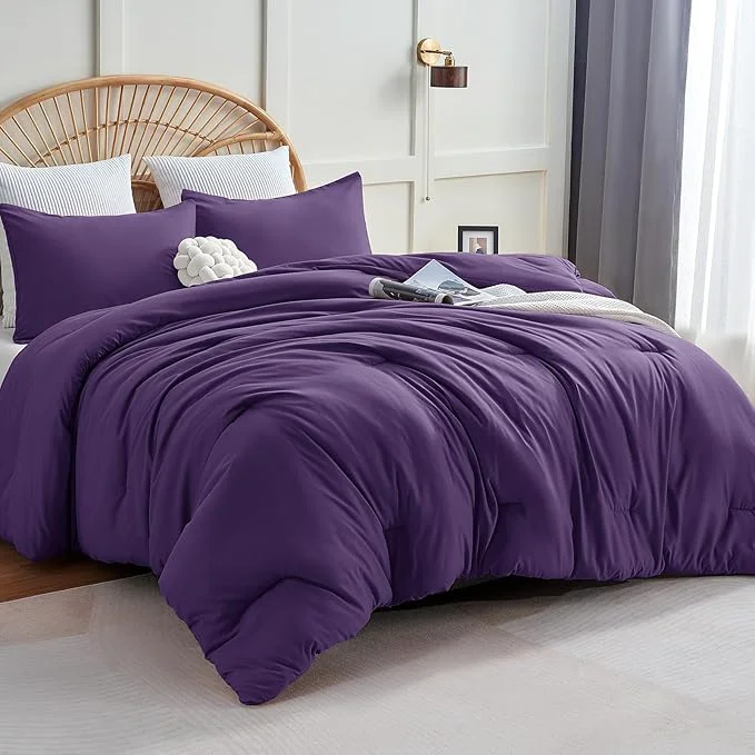 Crafted CozyLux Queen Comforter Set Purple 3 Pieces Solid Comforters Queen Size Breathable Quilted Bedding Sets Luxury Soft Lightweight Bed Set with Down Comforter and 2 Pillowcases All Seasons Functional