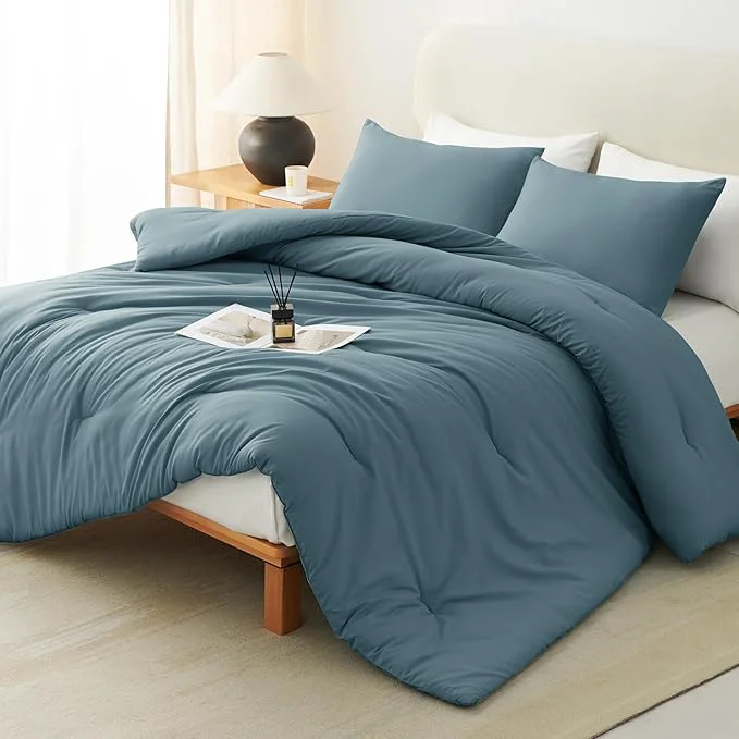 Fine CozyLux Queen Comforter Set Mineral Blue 3 Pieces Solid Comforters Queen Size Breathable Bedding Sets Luxury Soft Lightweight Bed Set with Down Comforter and 2 Pillowcases All Seasons Smart