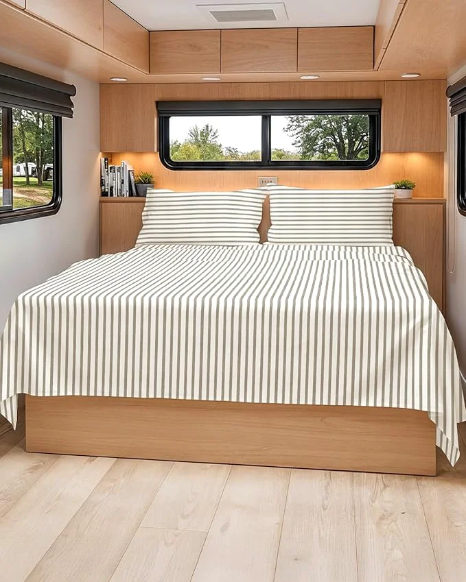 Safe RV Short Queen Sheet Set 60 X 75 – 4 Piece RV Short Queen Bed Sheets – Soft Breathable amp Cooling – Designed for Bunks Trailers amp Campers – Fits 8 to 12 quot Mattress – Luxury Bedding – Beige Stripes 2 Fine Crafted
