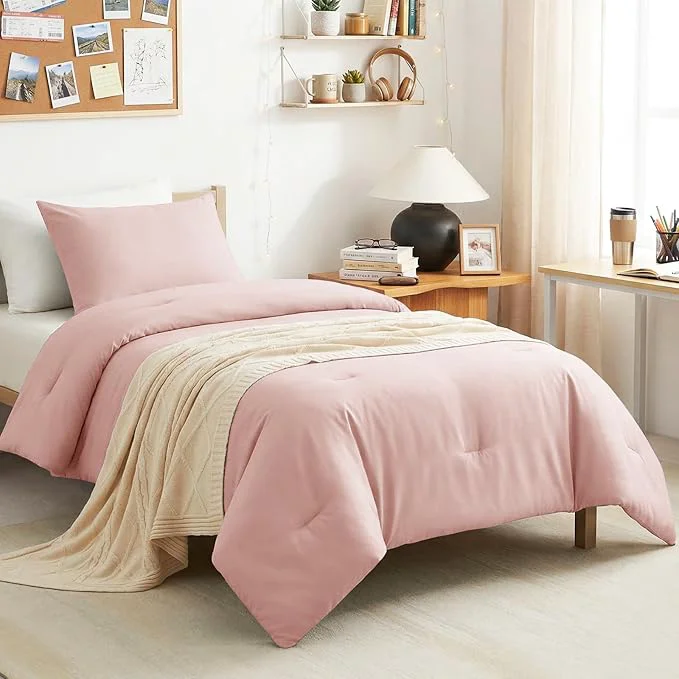 CozyLux Twin Twin XL Comforter Set Blush Pink 2 Pieces Twin Extra Long Solid Breathable Bedding Sets for College Dorm Luxury Soft Bed Set with Down Comforter and 1 Pillowcase All Seasons Smart