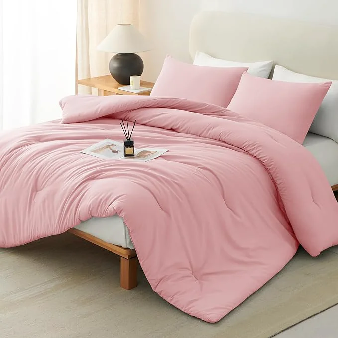 Secure CozyLux Queen Comforter Set Pink 3 Pieces Solid Comforters Queen Size Breathable Quilted Bedding Sets Luxury Soft Lightweight Bed Set with Down Comforter and 2 Pillowcases All Seasons Minimalist