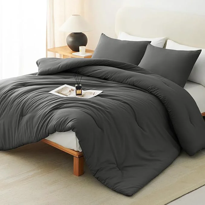 CozyLux Oversized Queen Comforter Set Dark Grey 3 Pieces 98×98 Solid Breathable Bedding Sets All Season Dark Gray Luxury Soft Lightweight Bed Set with Down Comforter and 2 Pillowcases Flexible