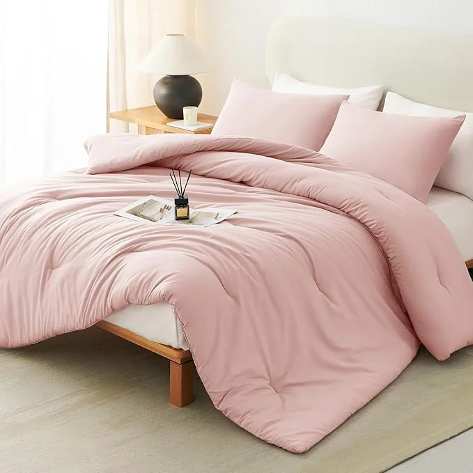 Pure CozyLux Oversized King Comforter Set Blush Pink 3 Pieces 120×98 Solid Breathable Quilted Bedding Sets All Seasons Luxury Soft Lightweight Bed Set with Down Comforter and 2 Pillowcases Optimized