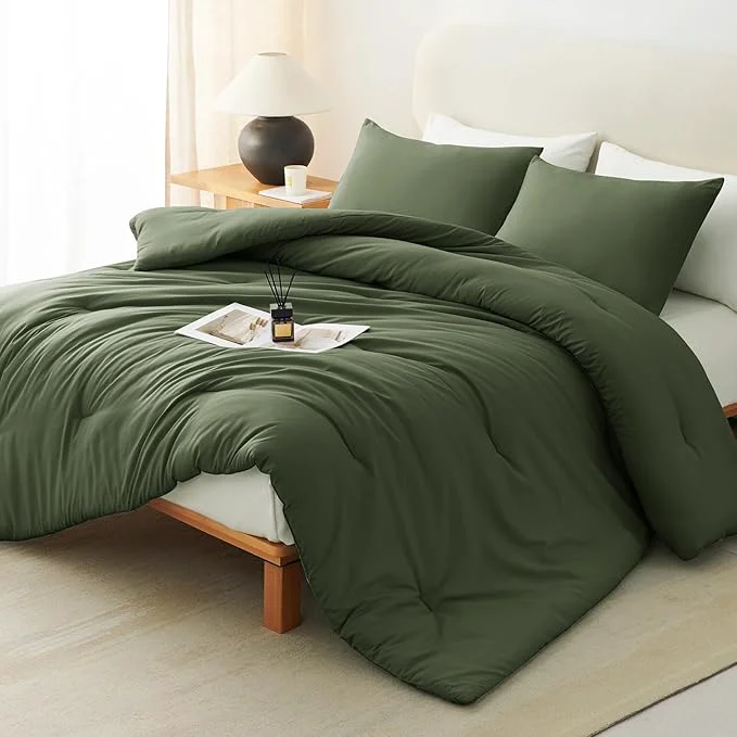 Reusable CozyLux Oversized Queen Comforter Set Olive Green 3 Pieces 98×98 Solid Breathable Quilted Bedding Sets All Season Luxury Soft Lightweight Bed Set with Down Comforter and 2 Pillowcases Traditional