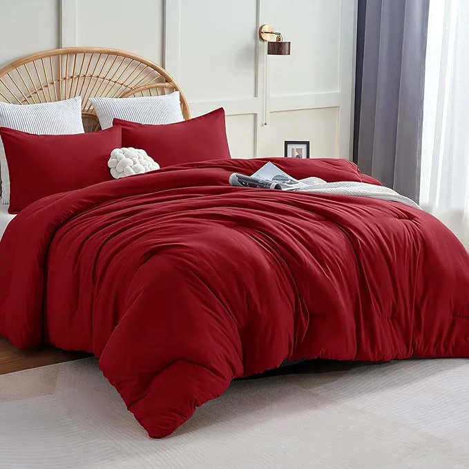 Specialty CozyLux Full Size Comforter Set Dark Red 3 Pieces Solid Breathable Quilted Bedding Sets Luxury Lightweight Soft Bed Set with Down Comforter and 2 Pillowcases for All Seasons Fine