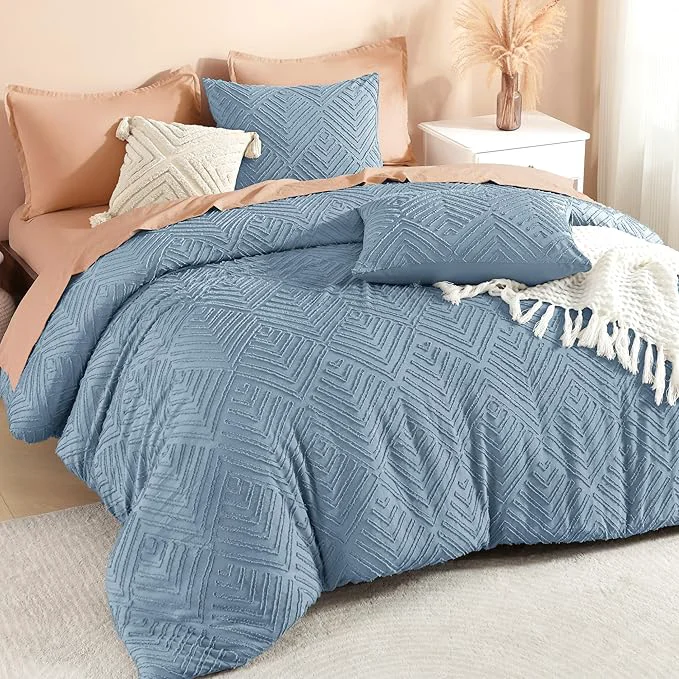 Superior Litanika Grayish Blue Oversized King Size Comforter 3 Pieces Tufted Boho Farmhouse Bedding Comforter Sets Lightweight Fluffy Bed Set for All Season 120x98In Comforter and 2 Pillowcases Easy-to-Use