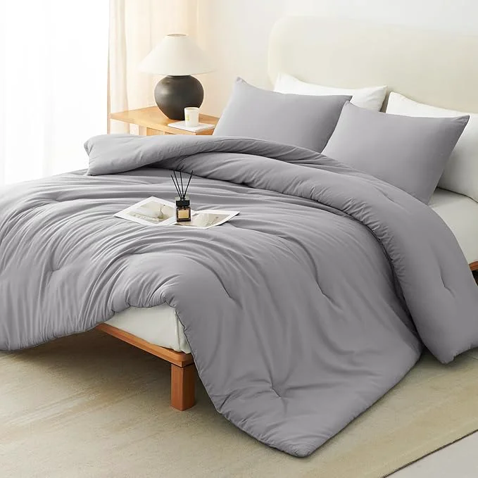 Efficient CozyLux Full Size Comforter Set Grey 3 Pieces Solid Breathable Quilted Bedding Sets Gray Luxury Lightweight Soft Bed Set with Down Comforter and 2 Pillowcases for All Seasons Unique