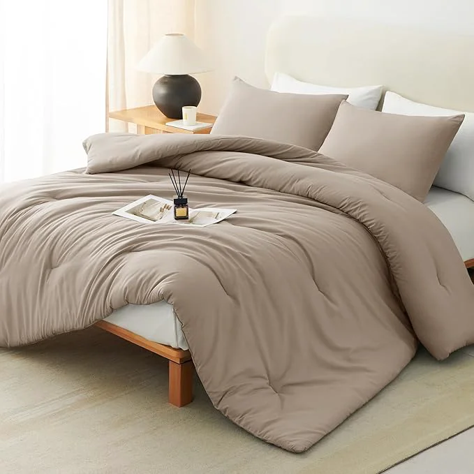 Dependable CozyLux Full Size Comforter Set Khaki 3 Pieces Solid Breathable Quilted Bedding Sets Luxury Lightweight Soft Bed Set with Down Comforter and 2 Pillowcases for All Seasons Environmentally Friendly