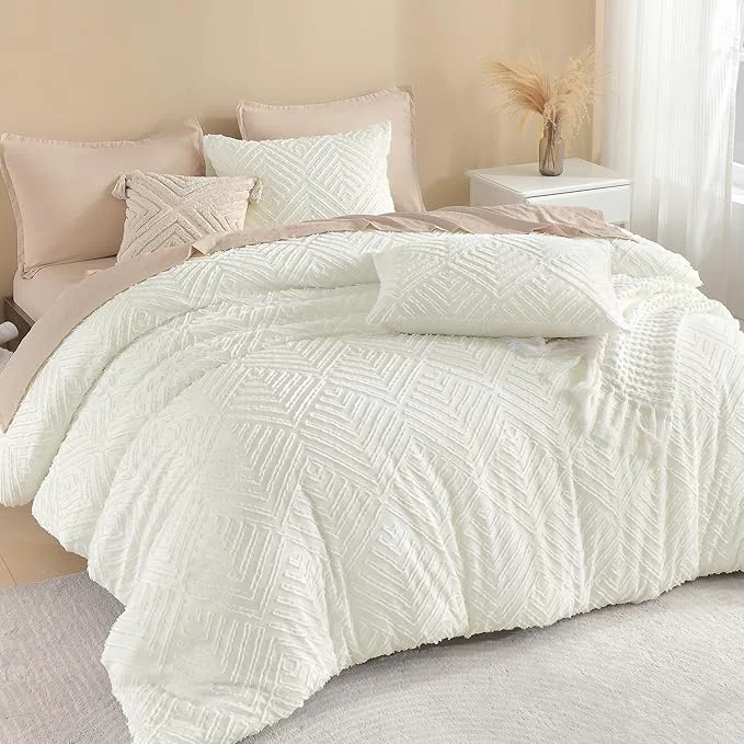 Unique Litanika Ivory Queen Comforter Set 3 Pieces Tufted Boho Farmhouse Bedding Comforter Sets Lightweight Fluffy Comforter Bed Set for All Season 90x90In Comforter and 2 Pillowcases Long-Lasting