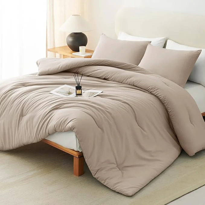 Fashionable CozyLux King Size Comforter Set Wheat 3 Pieces Solid Comforters King Size Breathable Quilted Bedding Sets Luxury Soft Lightweight Bed Set with Down Comforter and 2 Pillowcases All Season Specialty