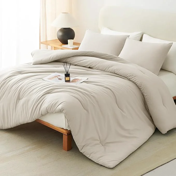 Advanced CozyLux Oversized Queen Comforter Set Beige 3 Pieces 98×98 Solid Breathable Quilted Bedding Sets for All Season Luxury Soft Lightweight Bed Set with Down Comforter and 2 Pillowcases Quality